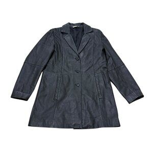 Vintage 1990s George Collection Black Leather Longline Jacket Womens M UK Made